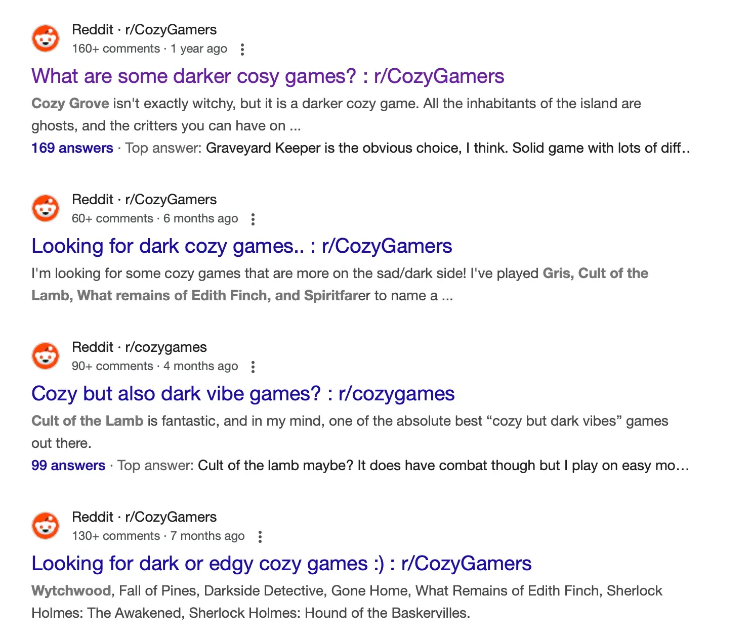 Search results of threads of people looking for dark cozy games